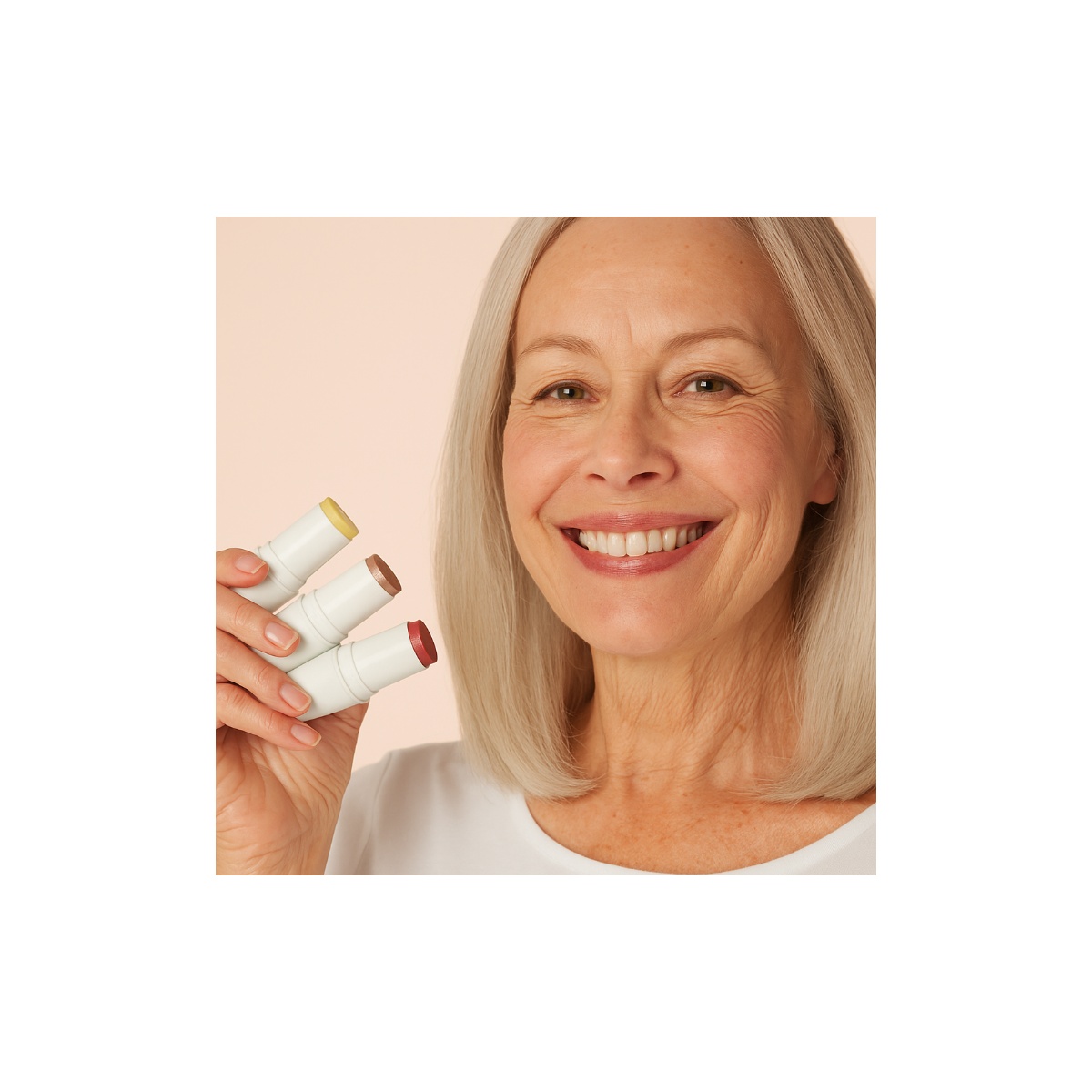 Mature woman holding makeup sticks for a natural makeup look after 50